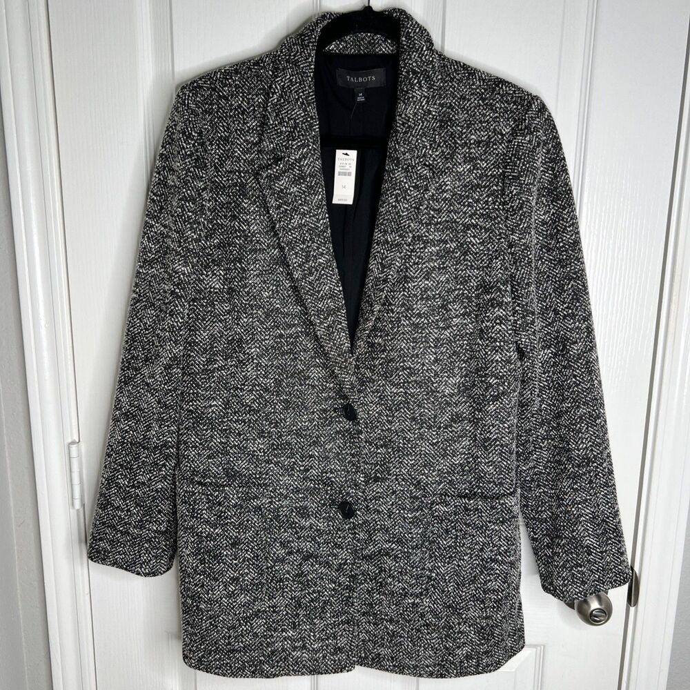 Talbots NWT Blazer Coat Womens 14 Black White Herringbone Academia Preppy